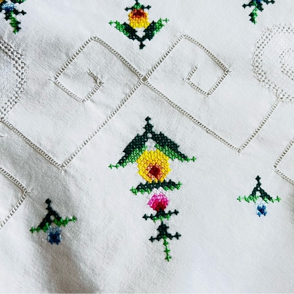 Beautiful Vintage 28” Small Round Hand Embroidered Tablecloth/ table topper - Picture 3 of 5